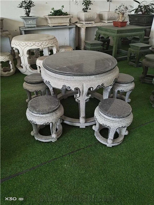 Black Granite Antique Stone Round Table Sets Bench