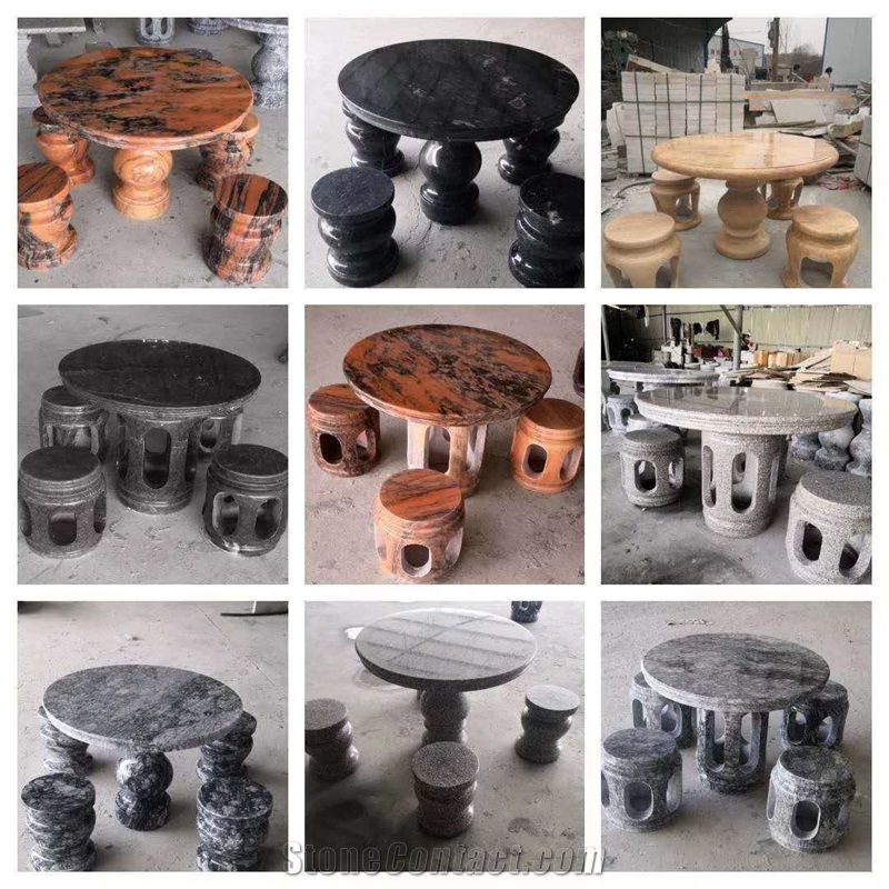 Black Granite Antique Stone Round Table Sets Bench