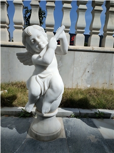 White Marble Music Angel Kid Stone Sculptures