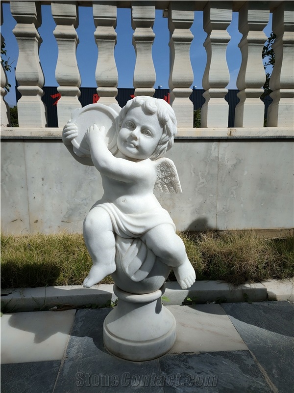 White Marble Music Angel Kid Stone Sculptures