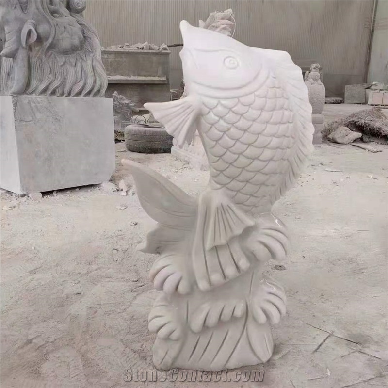 White Marble Spray Fountain Water Fish Sculpture