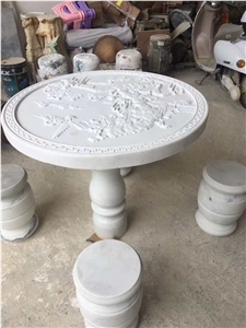 White Pure Marble Carving Round Table Sets Benches
