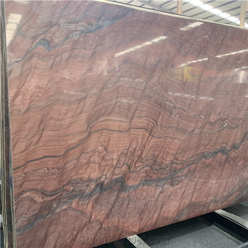 Luxury Natural Red Waves Quartzite Slab For Background Wall