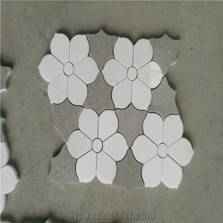 White and Blue Marble Flower Mosaic Tile