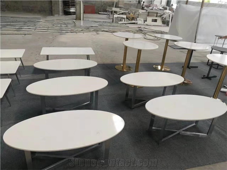 Pure White Quartz Tables for Hotel with Base