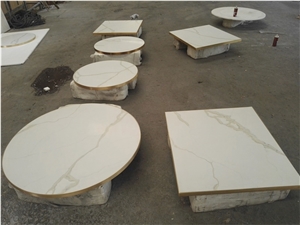 Round Calacatta White Quartz Stone Cafe Table Top
