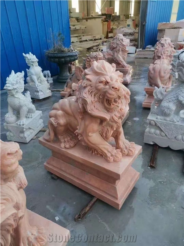 Red Sunset Marble 24 Inch Guardian Lion Sculpture