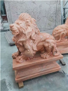 Red Sunset Marble 24 Inch Guardian Lion Sculpture