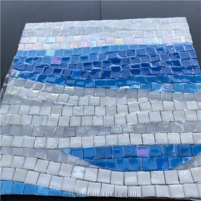Blue and White Sea Wave Glass Mosaic