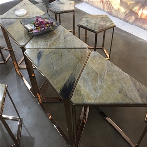 Triangular Green Quatzite Coffee Table With Chairs