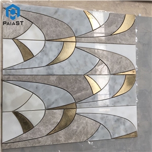 Water Jet Patterns Marble with Brass Mosaic Tile