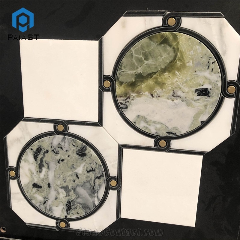 Waterjet Mosaic Tile White and Green Marble Mosaic