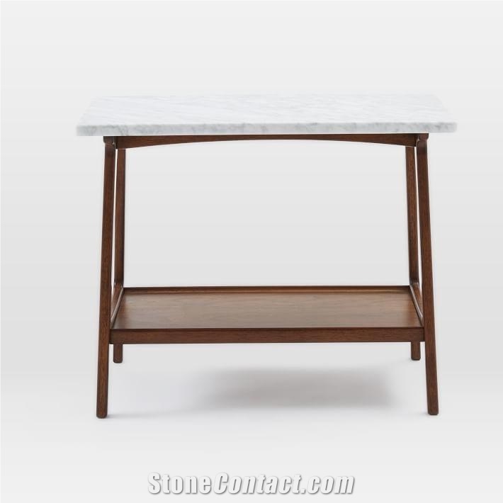 White Marble Table Top With Wood Base For Living Room