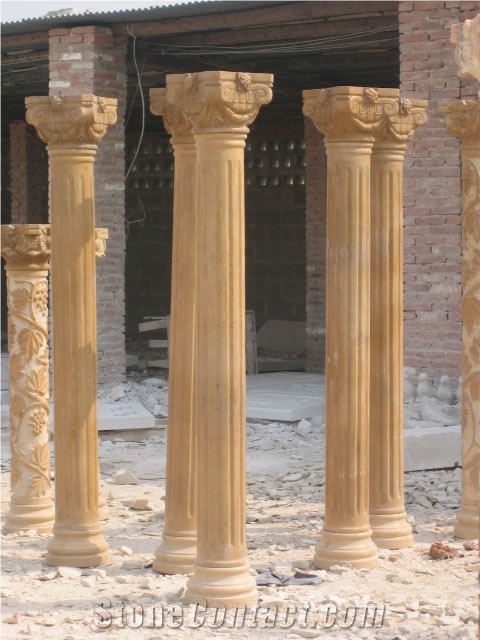 Hand Carved Garden Golden Yellow Limestone Column Pillar
