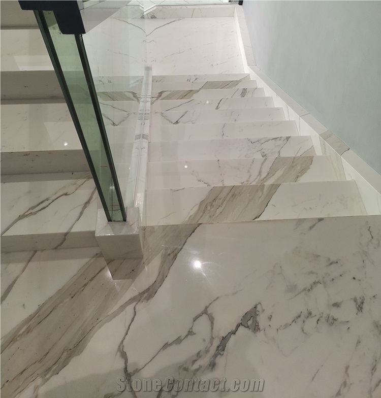 Step Tiles Spiral Calacatta White Marble Stairs