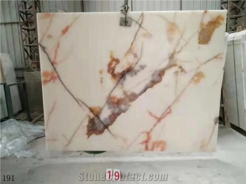 Red Vein Cream White Onyx Slabs Wall Tiles