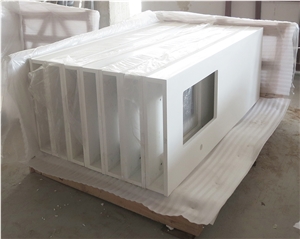 Pure White Quartz Hotel Bathroom Vanity Tops Mitered Edge