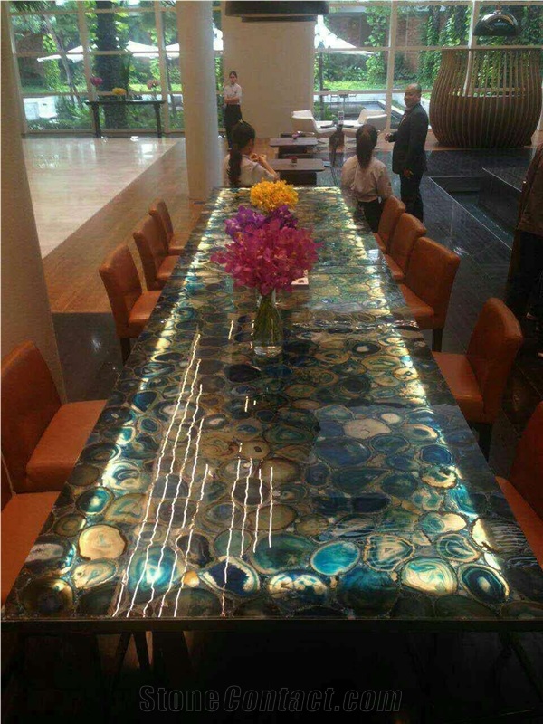 Luxury Blue Agate Semiprecious Stone Restaurant Table Tops