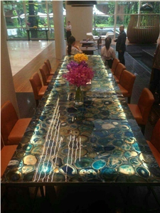 Luxury Blue Agate Semiprecious Stone Restaurant Table Tops