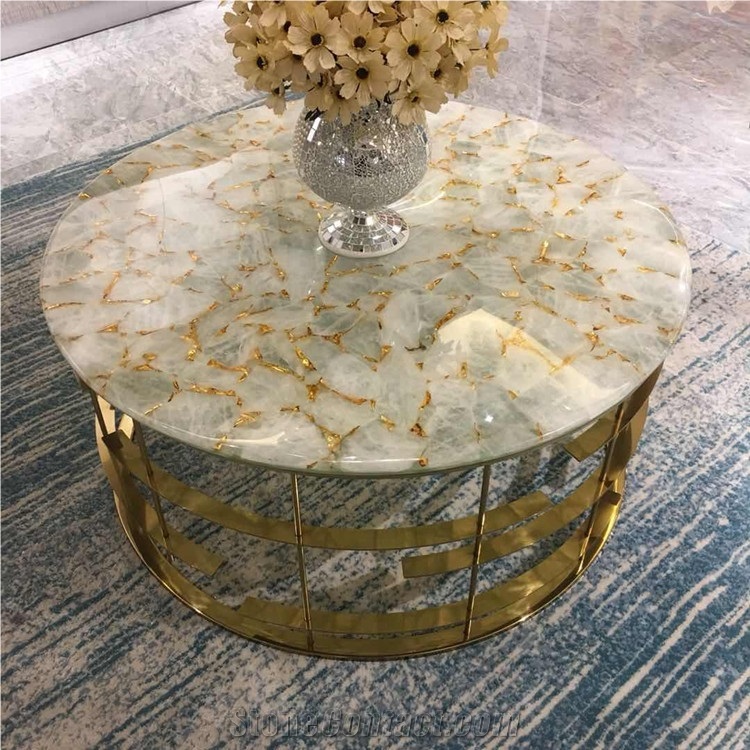 White Crystal Semi-Precious Stone Dining Table, Stone Interior Furniture