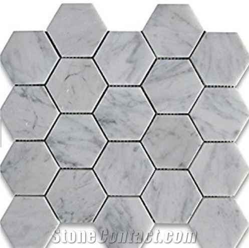 Carrara White Hexagon Marble Mosaic Tile 3"