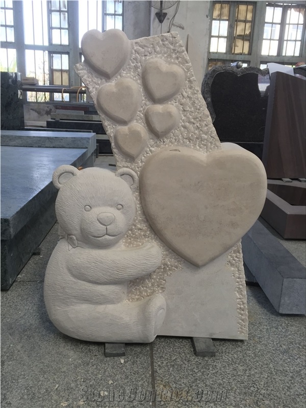 Beige Marble Teddy Bear Child Kids Heart Monuments