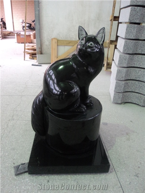 Black Granite Cat Statue Pet Monument Headstone