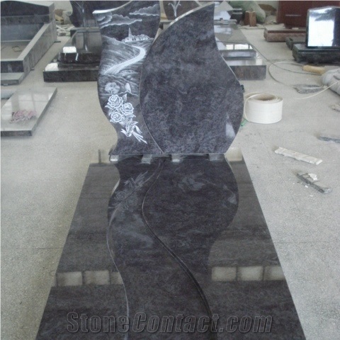 Bahama Blue Granite Headstone with Flower Carving