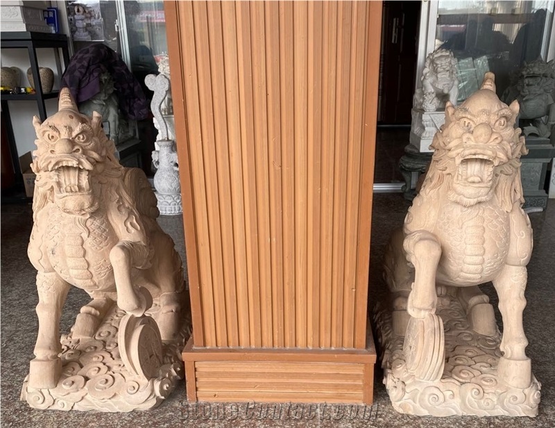 Beige Sandstone Chinese Dragon Statues Stone Kylin