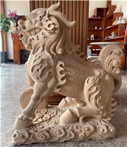 Beige Sandstone Chinese Dragon Statues Stone Kylin