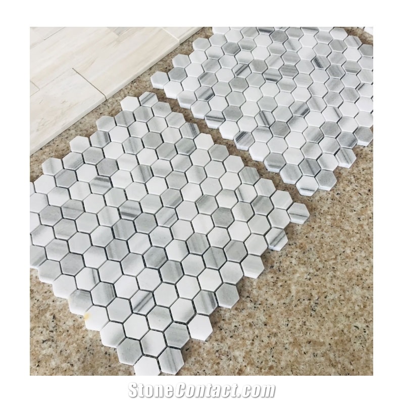 Big Hexagon Marmara White Marble Mosaic Tile