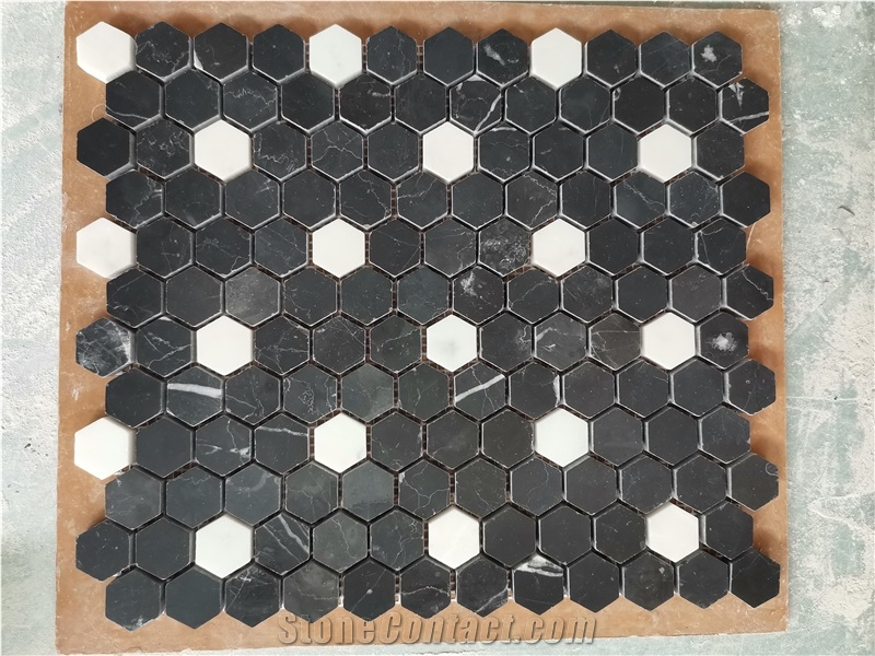 Black Marble Hexagon Mosaic Floor Wall Paving