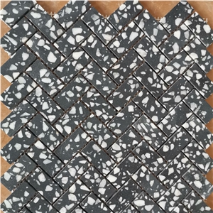 Black White Terrazzo Herringbone Mosaic Pattern