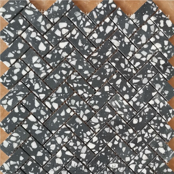 Black White Terrazzo Herringbone Mosaic Pattern