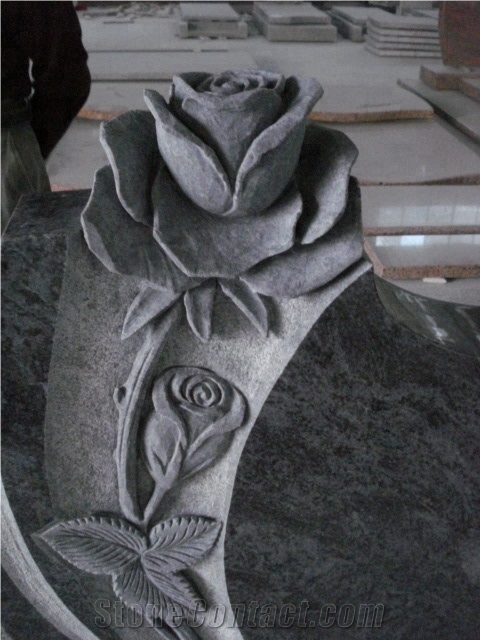 European Granite Tombstone Headstone with Rose