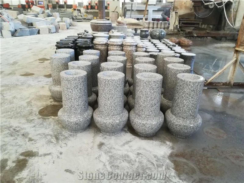 Light Grey Granite Vase and Lamps for Tombstone