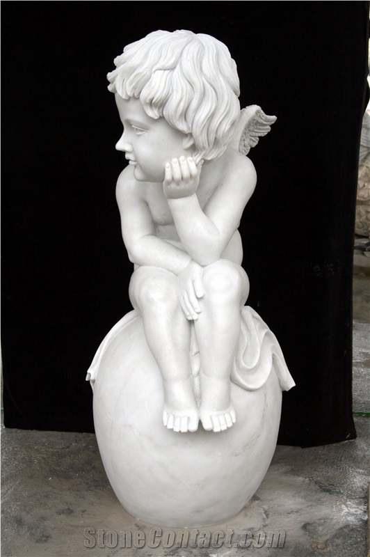 Little Angel Sitting a Ball White Marble Statues