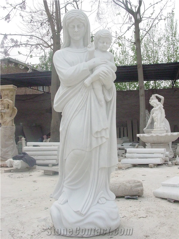 Virgin Mary and Angle Baby White Marble