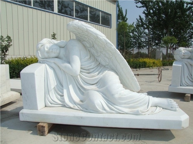 White Headstone, White Marble Angel Sculptured Tombstone