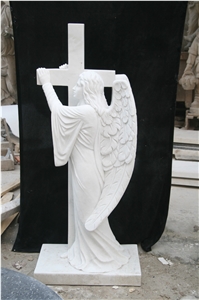 White Marble Memorial Sculpture with Cross