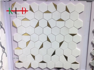 White Marble Waterjet Mosaic Tile with Metal Inlay