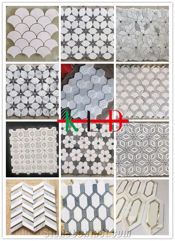 White Marble Waterjet Mosaic Tile with Metal Inlay