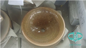 Yellow Wood Vein Round Basin/Sink for House Use