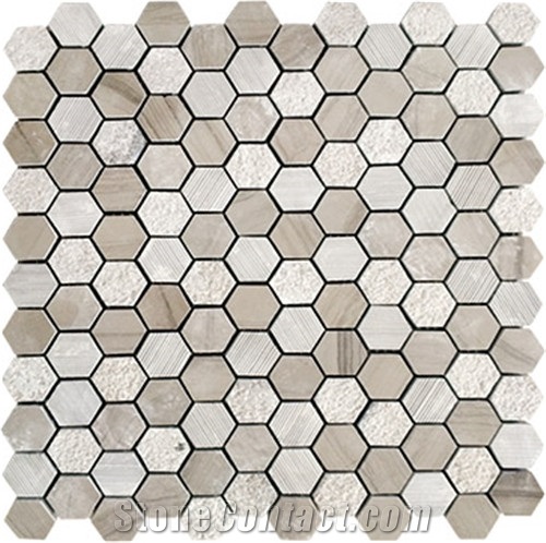 Hexagon Light Wooden Harmmered Brushed Marble Mosaic