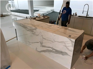 Calacatta Quartz Marble Mitered Edge Kitchen Countertop