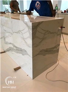 Calacatta Quartz Marble Mitered Edge Kitchen Countertop