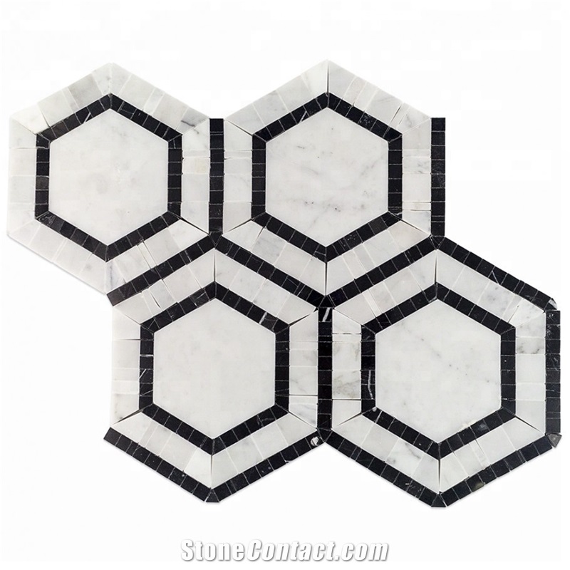 Cararra White and Nero Black Marble Hexagon Mosaic