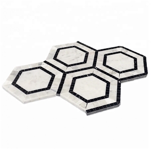 Cararra White and Nero Black Marble Hexagon Mosaic