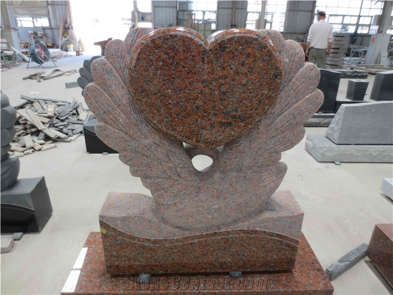 Red Heart-Shaped Swan Polished Granite Headstone