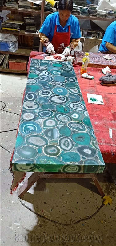 Agate Blue Semiprecious Stone Kitchen Countertop, Island Tops
